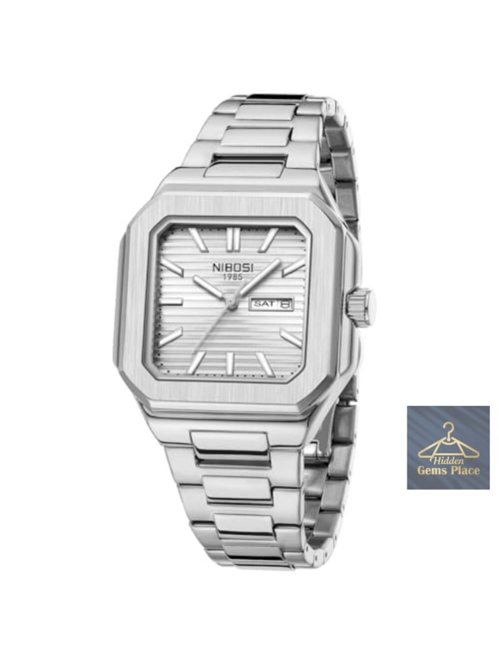 Men's Square Analog Quartz Watch Stainless Steel Day Date Classic Dress Wrist
